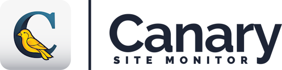 Canary Site Monitor | Letter C Logo in blue text with transparent background with a yellow Canary and Text